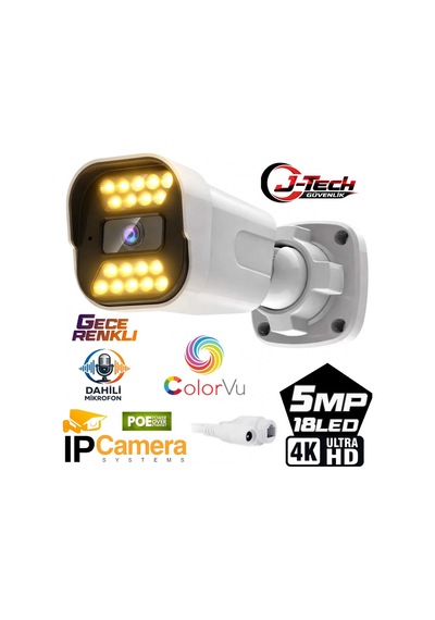 J-tech Jt-1818 Ultrahd 5mp Sesli Ip Bullet Kamera Poe 18 Led 3.6mm Gece-gündüz Renkli