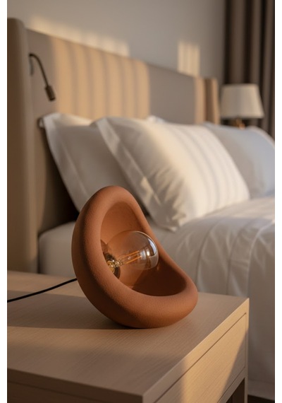 Modern Beton Dokulu Abajur Organik Oval Gece Lambası Masaüstü Komodin Lambası 25 Cm Kahverengi