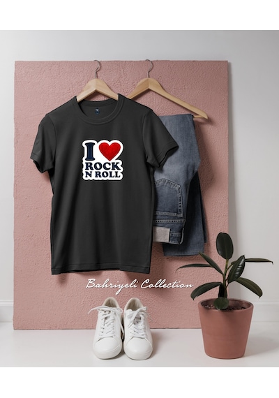 Bahriyeli Collection Oversize I Love Rock N Roll Tasarımlı Unisex T-shirt Siyah