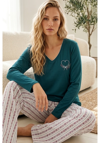 Siyah İnci Nakışlı Pamuklu Likralı Örme Pijama Takım26240325 Yeşil