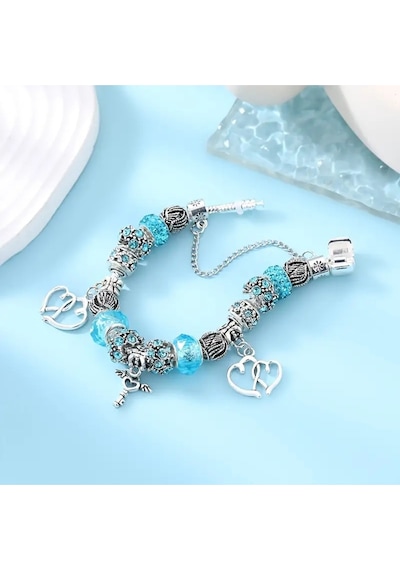 Yeni Tarz , Crystal Mavi Kalp Charmlı Aşk , Sevgi Charmlı Bileklik, Ahşap Kutu İçerisinde Gümüş Gümüş
