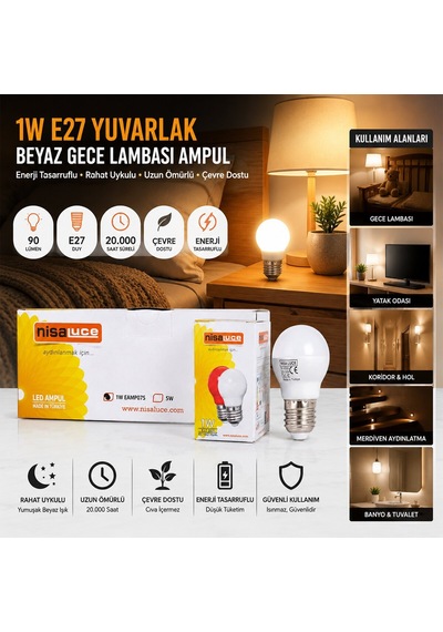Nisaluce Yuvarlak Gece Lambası Led Ampul 1w E27 Beyaz - 10'li Paket Diğer