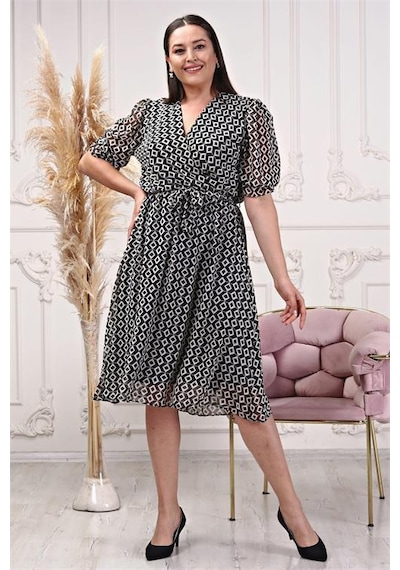 Dip Moda Kadın Kruvaze Yaka Büyük Beden Elbise Dpnb80622 Siyah