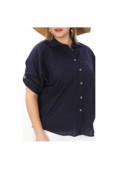 Lady Majestic %100 Cotton Yazlık Organik Büyük Beden Kadın Gömlek Lacivert