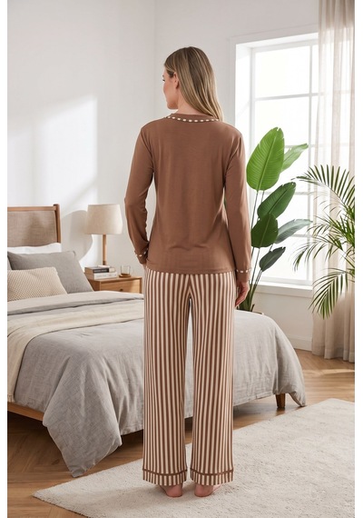Findit Şık Tasarım V Yaka Biyeli Viskon Geniş Paçalı Çizgili 2'li Loungewear Pijama Takımı Kahverengi