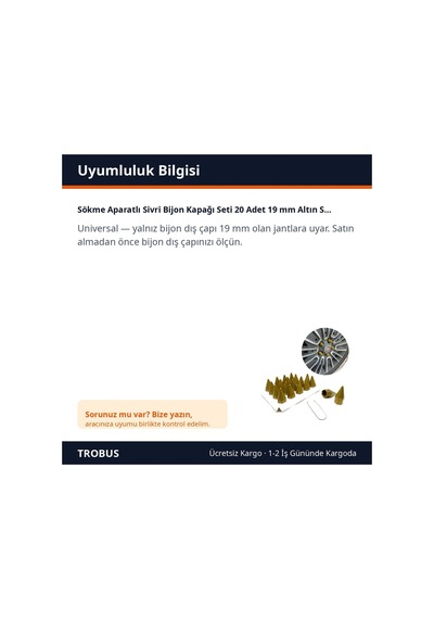 Trobus Sökme Aparatlı Sivri Bijon Kapağı Seti 20 Adet 19 Mm Altın Sarı