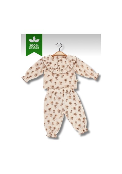 Babyhola Kız Bebek Bayramlık Takım Fırfır Yakalı Çiçek Desenli Müslin İkili Set 2010 Bej