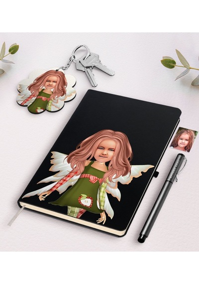 Kişiye Özel Kız Çocuk Peri Karikatürlü Siyah Defter Kalem Ve Anah