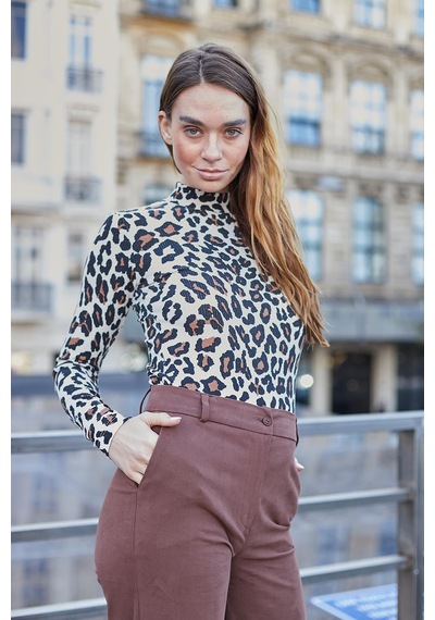 Jument Kadın Kaşkorse Yarım Balıkçı Uzun Kol Desenli Body Bluz-bej Leopar Bej Leopar
