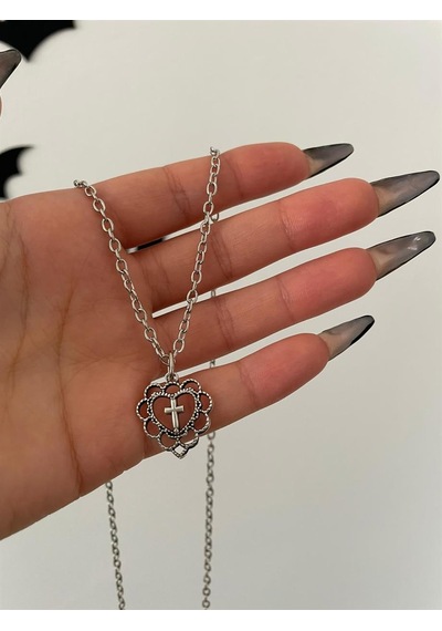 Gothic Cross Heart Kolye Gümüş