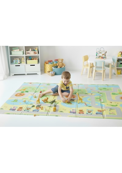 Pureza Çift Taraflı Katlanabilir Oyun Matı 200cmx130cmx1cm Kaymaz, Darbe Emici, Su Geçirmez, Bebek Ve Çocuklar İçin, Yeşil Parkur/Araba Yarışı, Taşıma Çantası Hediyeli Yerli Üretim