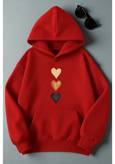 Uyguntarz Unisex Sirali Kalp Baskılı Oversize Sweatshirt Kırmızı