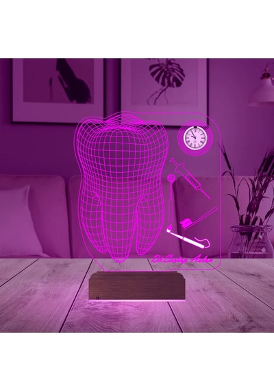 Luvivia Diş Doktoru Hediye Diş Hekimi İmplant Kişiye Özel Metal Saatli 3d Lamba - Masa Gece Lambası Şeffaf