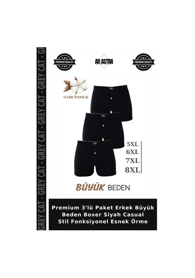 Grey Cat Premium 3'lü Paket Erkek Büyük Beden Boxer Siyah Casual Stil Fonksiyonel Esnek Örme Siyah-3