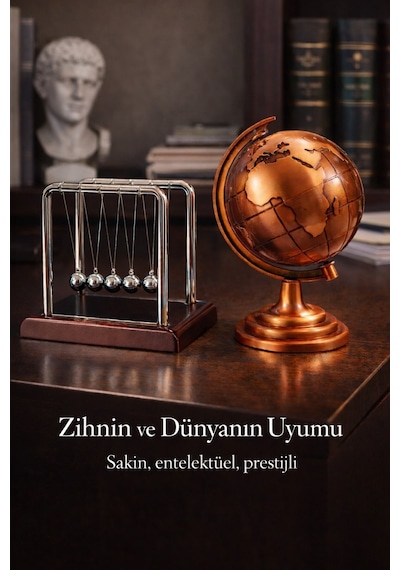 Şık Gösterişli Ofis Masaüstü Dekoratif Retro Metal Bronz Dünya Küresi & Newton Denge Topu Hediye Set Çok Renkli