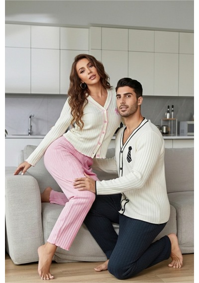 Bella Notte Erkek Düğmeli Uzun Kollu Nakışlı Çift Pijama Takımı Lacivert