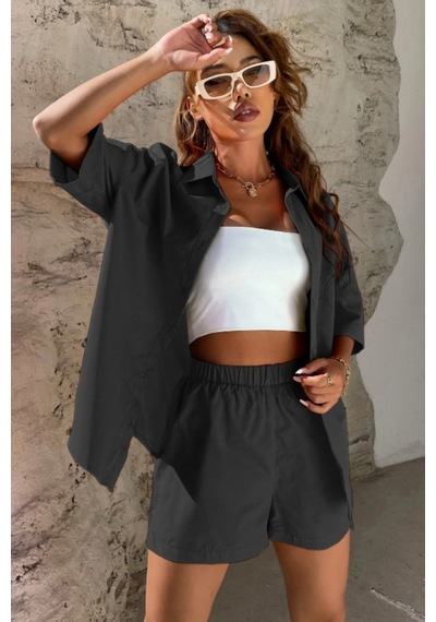 Cool Tarz Kadın Oversize Gömlek Şort Takım Yazlık 2 Li Kombin Rahat Kesim Siyah
