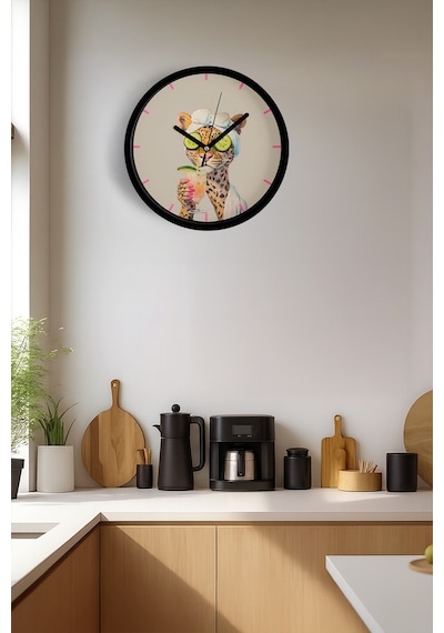 Bakım Yapan Leopar Modern Duvar Saati - 25cm - Önü Camlı Siyah Kasa - Sessiz Mekanizma-jh0902 Siyah
