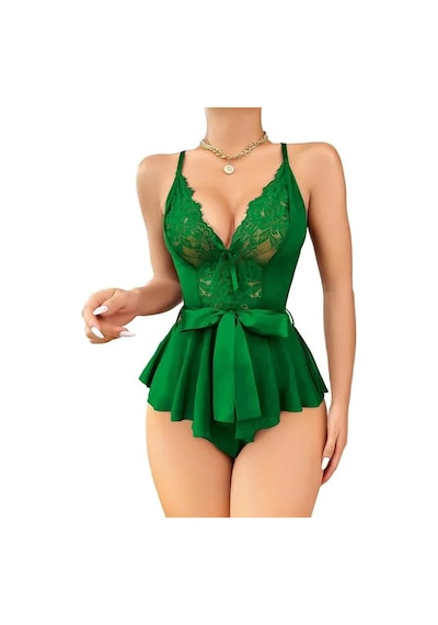 Angbutik Kadın Yeşil Dantel İşlemeli Kurdelalı Tül Babydoll