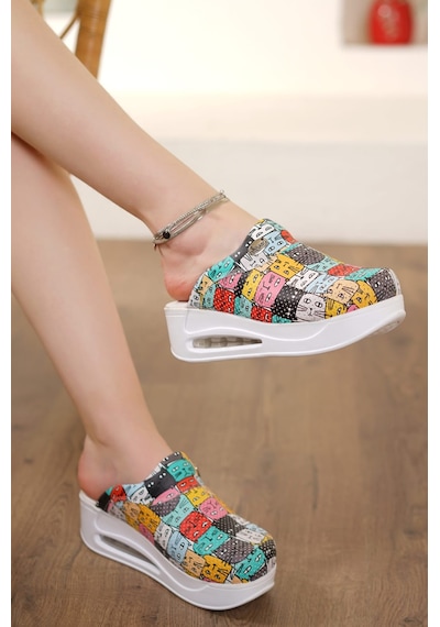 Kedi Desenli Air Max Taban Tam Ortopedik Anatomik Kadın Terlik Çok Renkli