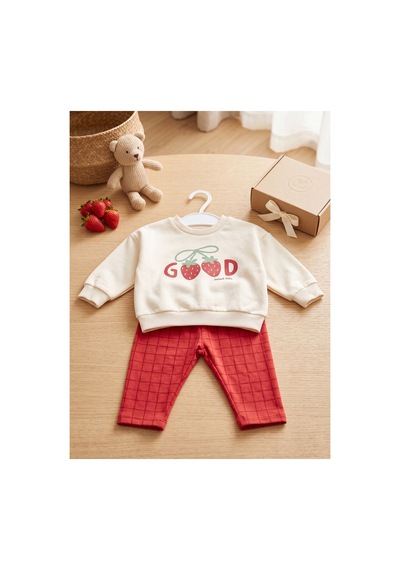 Deniva Kids Kız Bebek Kırmızı Ekose Pantolonlu Çilek Baskılı Sweatshirt 2'li Pamuklu Alt Üst Takım