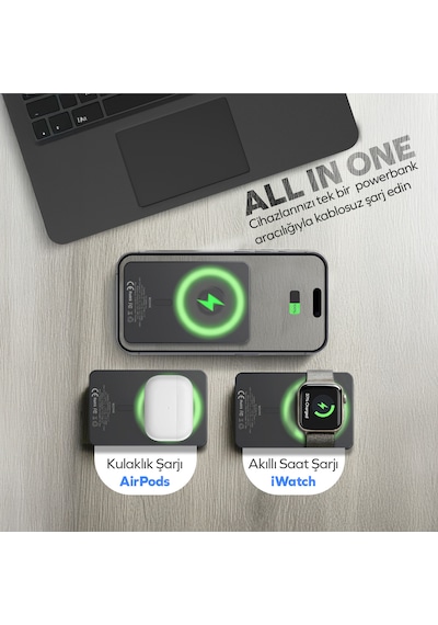 Woyax All In Magsafe Powerbank 10.000mah 20w Hızlı Taşınabilir Şarj Cihazı Saat Kulaklık Apple Uyumlu iPhone Android Siyah