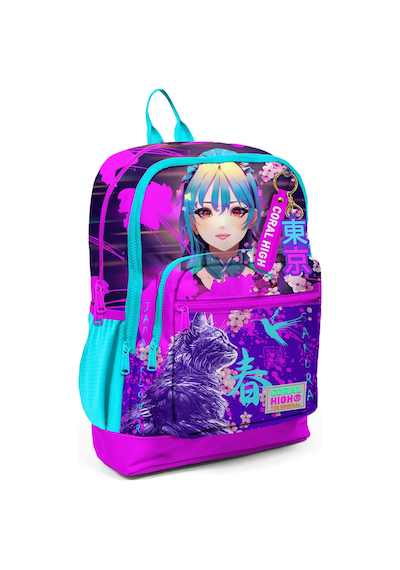 Coral High Dört Bölmeli Mor Pembe Anime Kedi Desenli İlkokul Sırt Çantası - Kız Çocuk