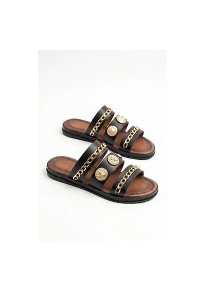 Giamgia Store Kadın Zincir Detaylı Üç Bantlı Rahat Günlük Siyah Terlik-2396