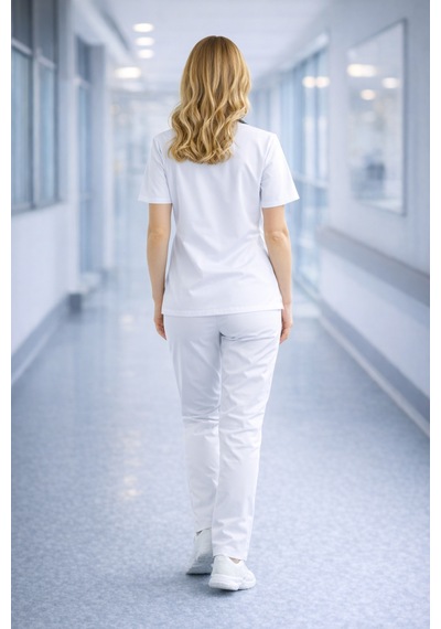 Likralı Hemşire Doktor Forması Premium Belinda Soft Kumaş Scrubs Hastane Üniforması Cerrahi Takım Beyaz