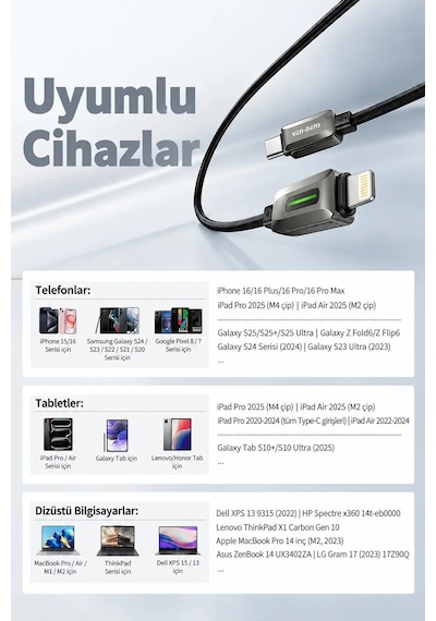 Ven-dens Vd-dc14cl 27 W Pd Type-c To Lightning Hızlı Şarj Ve Veri Kablosu, 1 Metre, Naylon, Siyah