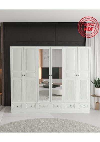 Nil 6 Kapaklı Çekmeceli Bazalı Gardırop - Tamamı Mdf Beyaz