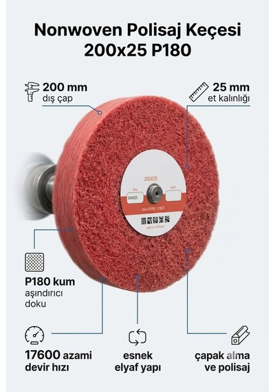 200x25 Mm P180 Polisaj Keçesi Çapak Alma Ve Metal Yüzey Parlatma Diski 1 Adet