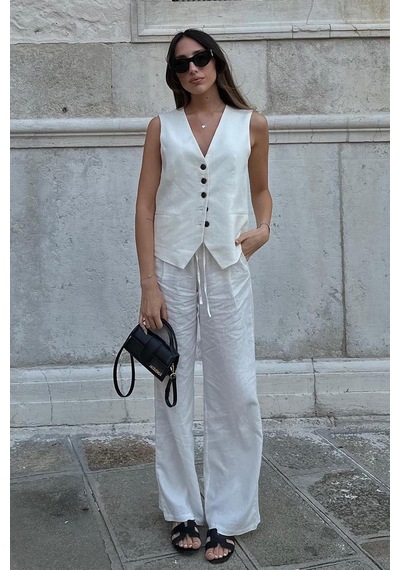 Madmext Beyaz Beli Büzgülü Wide Leg Kumaş Pantolon Mg1950-beyaz Beyaz