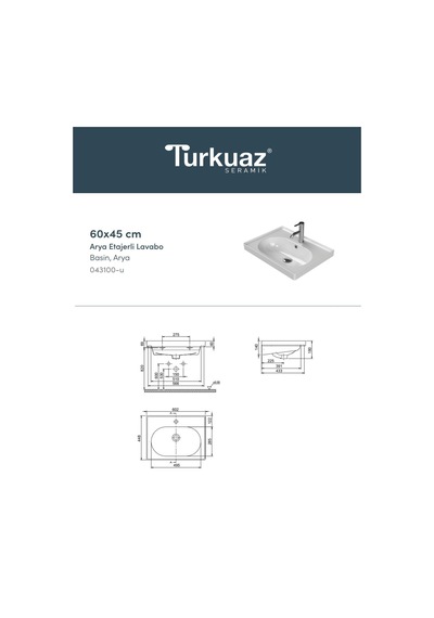 Turkuaz Seramik Cerastyle Arya Mobilya Uyumlu Etajerli Lavabo 60 x 45