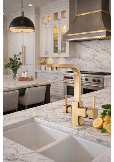 Rena Design Mat Gold Aritmali Mutfak Eviye Bataryasi 3 Yollu Kare Mutfak Musluk Prinç Garantili Altin Armatür