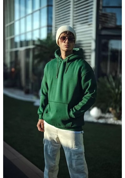 Üç İplik Penye Kapşonlu Basic Sweatshirt - Haki Haki