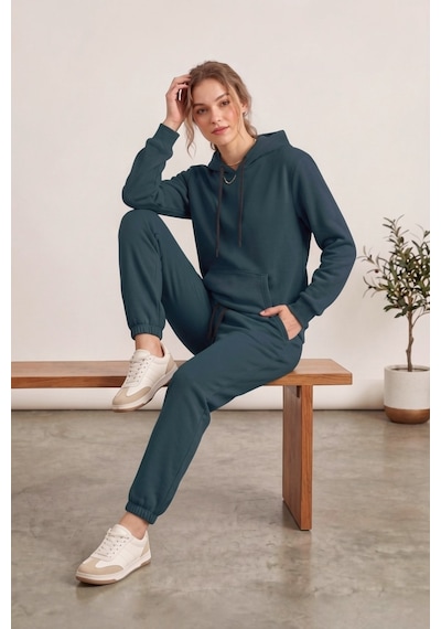 Moibody Kadın 3 İplik Şardonlu Eşofman Takımı Premium Kapüşonlu Sweatshirt Ve Jogger Alt Petrol Petrol