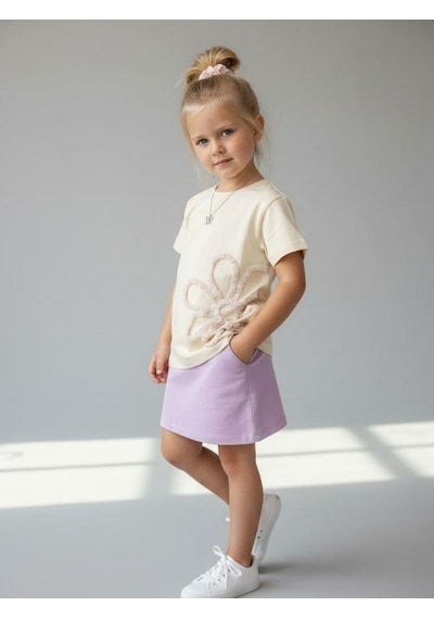 Zekids Kız Çocuk Çiçek Nakışlı Tasarım T-shirt-16889 Krem