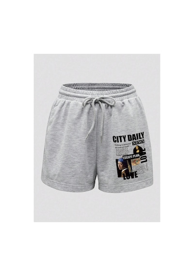 Tarzsokak Slogan Graphic Drawstring Waist Track Şort Gri