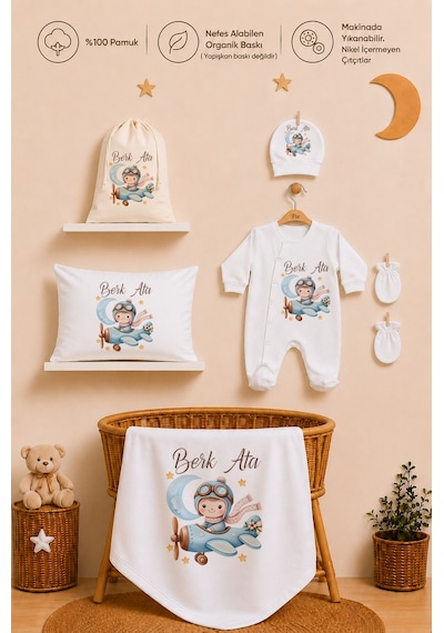 Pia Baby İsme Özel Erkek Bebek %100 Pamuk Hastane Çıkışı Tulum Şapka Eldiven Kıyafet Keseli Hediye Seti 1028tybk0x Krem
