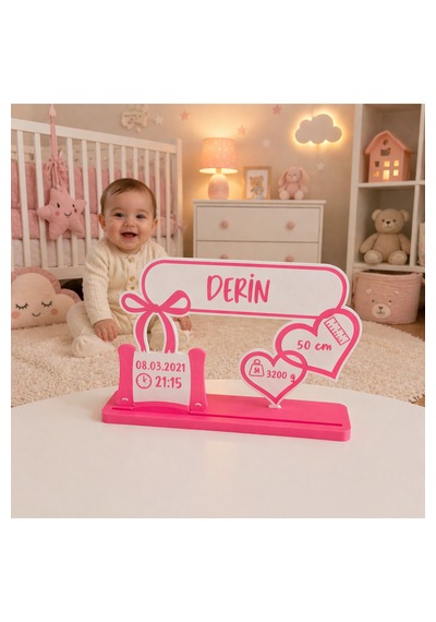 3D Tasarım Bebek Doğum Künyesi Kişiye Özel İsimli Hatıra Panosu Mavi - Pembe Hediyelik