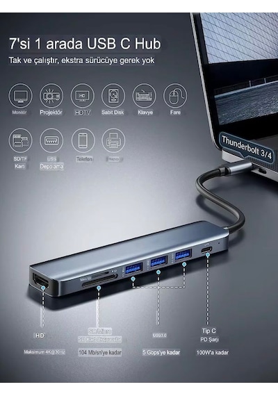 7in1 Aluminium Pd100w Hızlı Şarj 4k 60hz Hdm 3xusb 1xtype-c Tf/sd Usb Çoklayıcı Çevirici