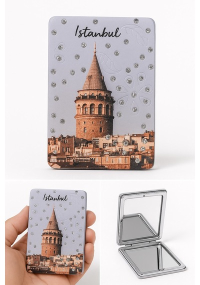 İstanbul Galata Kulesi Temalı Simli Büyüteçli Pratik Mini Cep Çanta Makyaj Aynası Çok Renkli