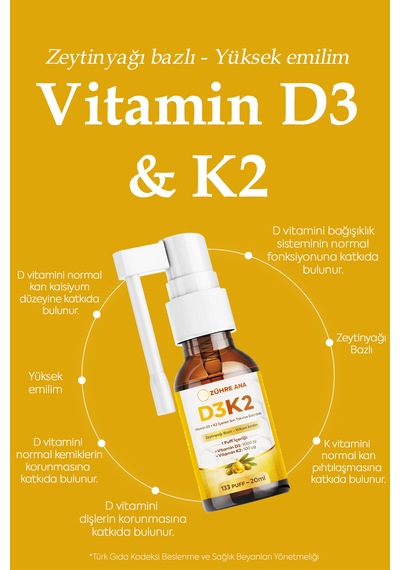 Vitamin D3&k2 İçeren Sıvı Takviye Sprey 20 ML