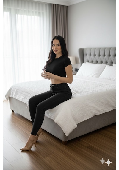 Lüx Wood Sunway 11941 Kadın Jean Görünümlü Yüksek Bel Esnek Denim Tayt Pantolon Siyah