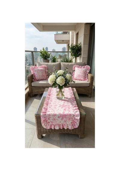 %100 Pamuk Simli Kumaş Pembe Desenli Fırfırlı Runner 40x150 Pembe - 890027440 Pembe