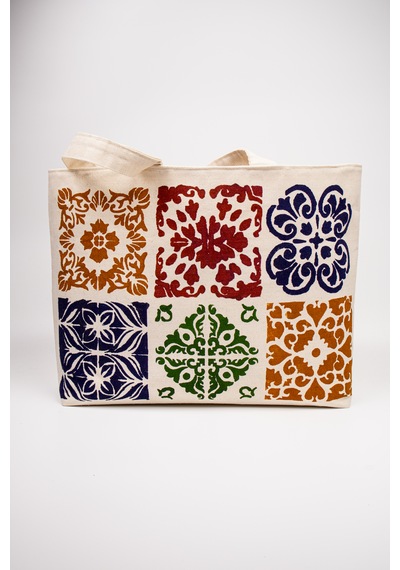 Fabric Craft Bag Kanvas Plaj Çantası Büyük Boy Astarlı Desenli Omuz Çantası Küçük Çantalı 50x35 Krem