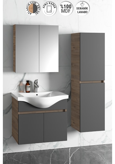 Yıldız 65+35 Cm Atlantik Çam-Antrasit Gri Mat Mdf Seramik Lavabol Antrasit - Atlantik Çam