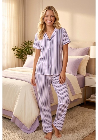 Lila-beyaz Çizgili Gömlek Yaka Pijama Takımı 4629-lila Kadın Kısa Kollu Düğmeli Uzun Alt Pijama Takımı Lila-beyaz Çizgili Gömlek Yaka Pijama Takımı 4629-lila Kadın Kısa Kollu Düğmeli Uzun Alt Pijama Takımı