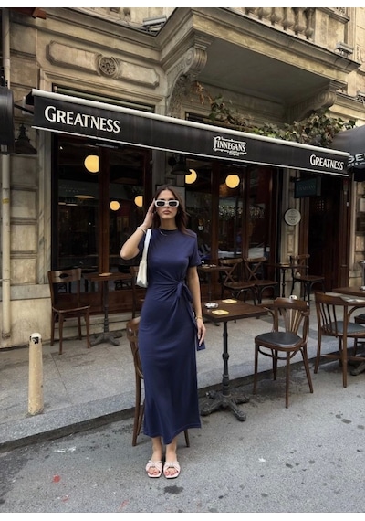 Defymoda Osy Modal Yumuşak Dokulu Kumaş Bisiklet Yaka Kısa Kollu Kuşaklı Uzun Elbise - Mavi Mavi